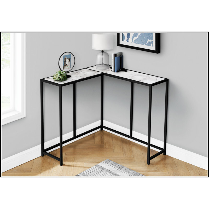 Table d'appoint d'angle étroite avec stratifié d'aspect marbre blanc et structure en métal noir, parfaite pour les vestibules et les petits espaces