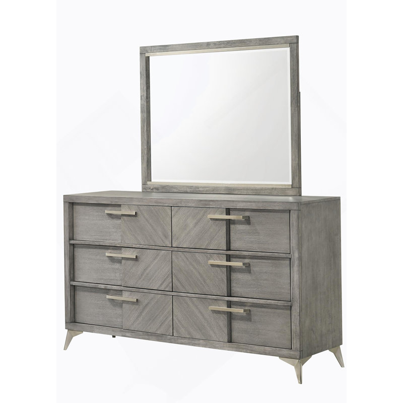 Commode 6 tiroirs en placage assorti gris
