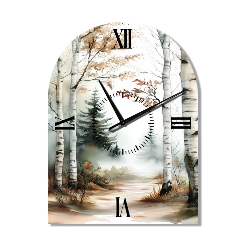Sentier forestier d'automne en bouleaux I - Horloge murale en forme de grande arche du pavillon, H 31 po x l 23 po - Arche