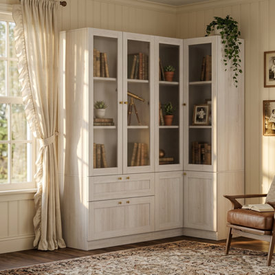 Modern Corner Pantry Cabinet With Glass Doors & Storage Drawers – Space-Saving Kitchen & Dining Organizer