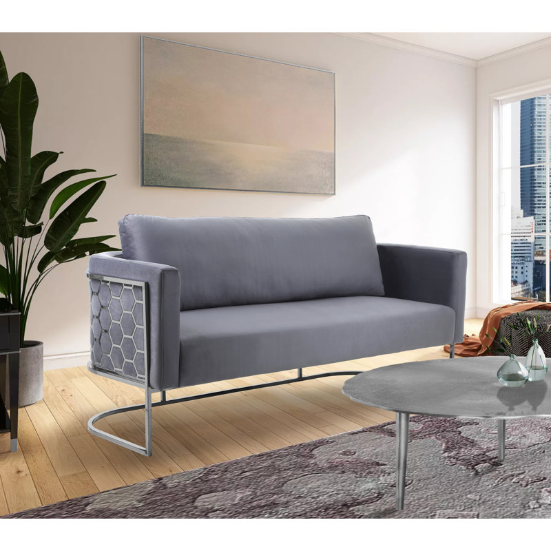 Canapé à accoudoirs arrondis en velours de 76 po Casa, Velours gris, Chrome chrome