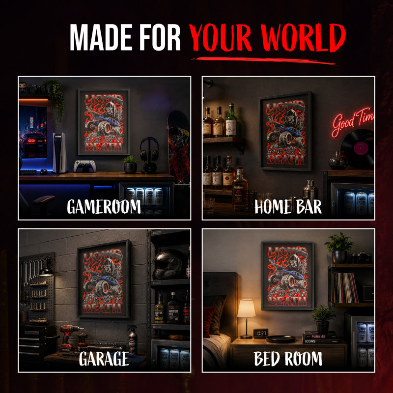Art mural en relief 3D encadré noir avec cadre noir pour homme, garage et salle de jeux