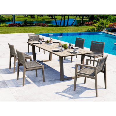 9 Pcs Grade-A Weathered Teak Wood Dining Set: 98" Sema Rectangle Table  And 8 Sema Chairs (2 Arm & 6 Armless Chairs) #11Se3302