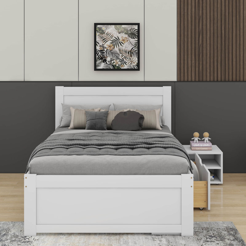 Lit plateforme simple avec tiroir et tablettes, Blanc