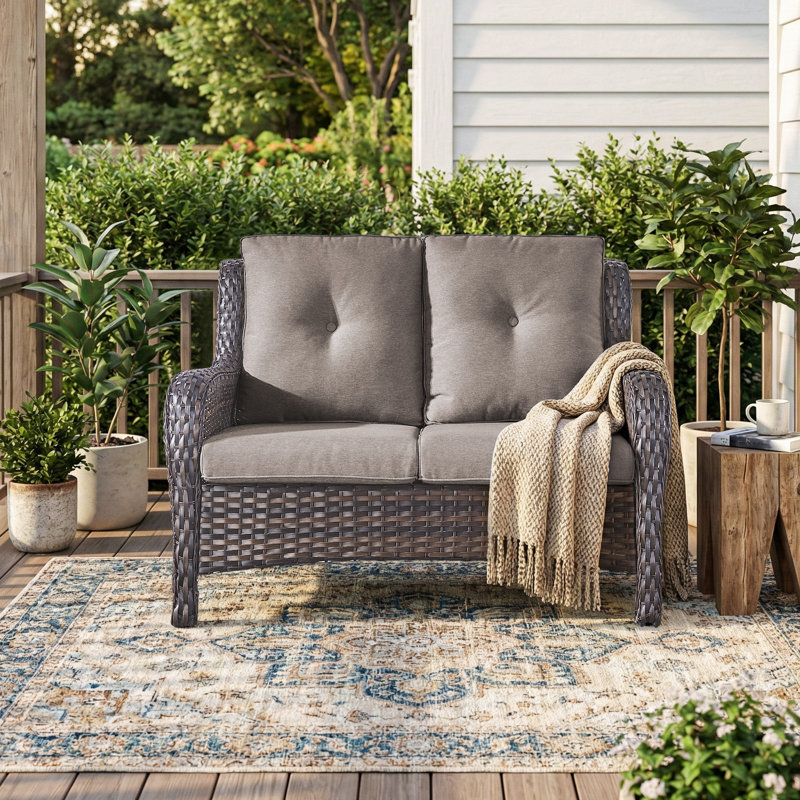 Ambarvale 53'' Wide Straight Wicker Loveseat with Cushions, Brown, Gray