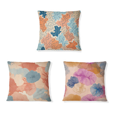 Coastal Coral Pattern - Coastal Blue Printed Throw Pillow 3 Pieces