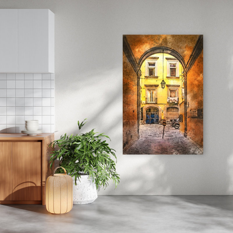 «Vibrant European Courtyard», art mural rétro, H 60 po x l 40 po