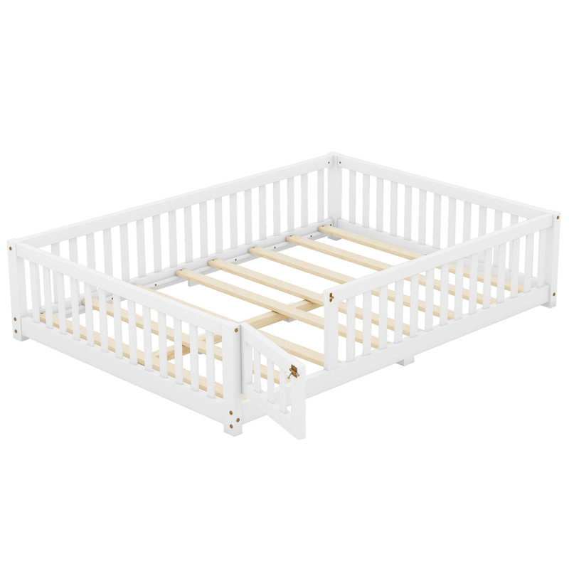Lit simple pour enfants avec garde-corps et porte, structure de lit Montessori à profil bas, blanc, Lit simple, Blanc