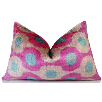 Coussin en velours de soie rose et turquoise