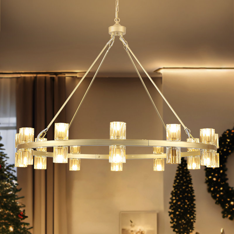 Lustre rond en forme de roue de cristal à intensité variable pour salle à manger, Doré, H 27,16 po x l 40,55 po x P 40,55 po