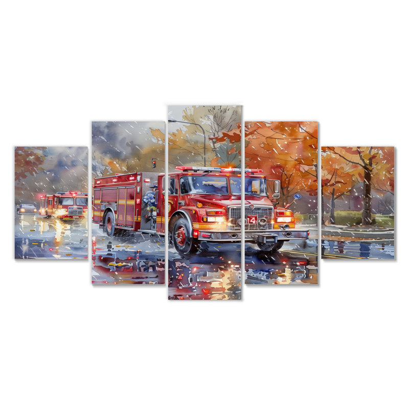 «Red Fire Truck In Autumn New York II», ensemble de reproductions d'art mural pompier