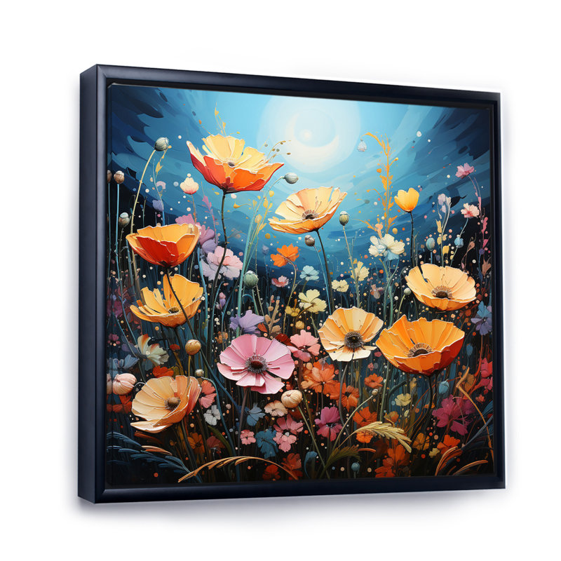 «Wildflowers Vibrant Meadows Pointillism II», reproduction sur toile, 16" H x 16" W, Cadre flottant noir