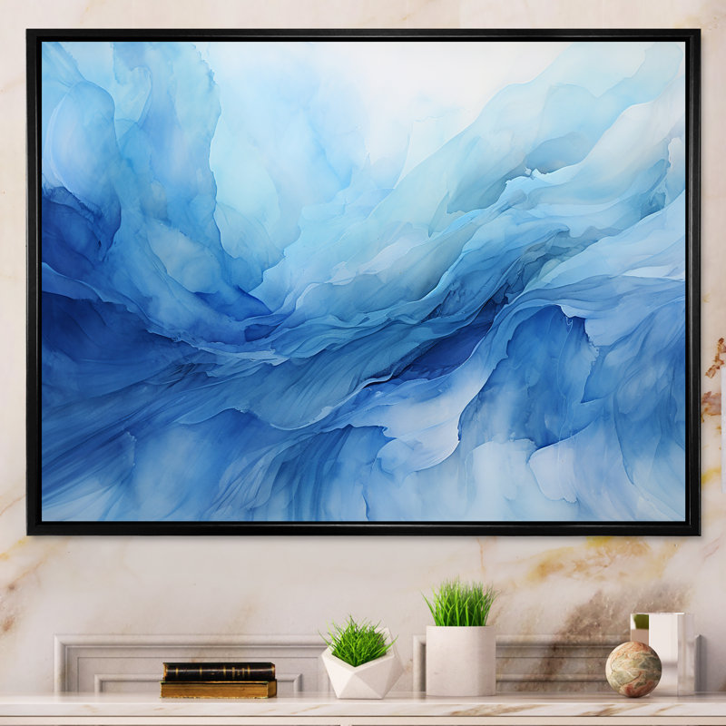 «Blue Emotional Tachisme Waves 1» - art mural tachisme, Cadre flottant noir, H 16 po x l 32 po x P 1 po