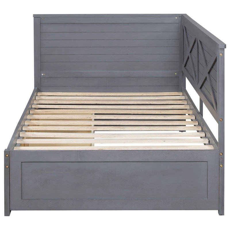 Lit de jour simple en bois avec 2 tiroirs et garde-corps rustique, gris antique