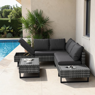 Mixed Gray Rattan Corner Sofa Set Industrial Style With Coffee Table Garden Furniture Set Anti-UV Cushions Removable Covers