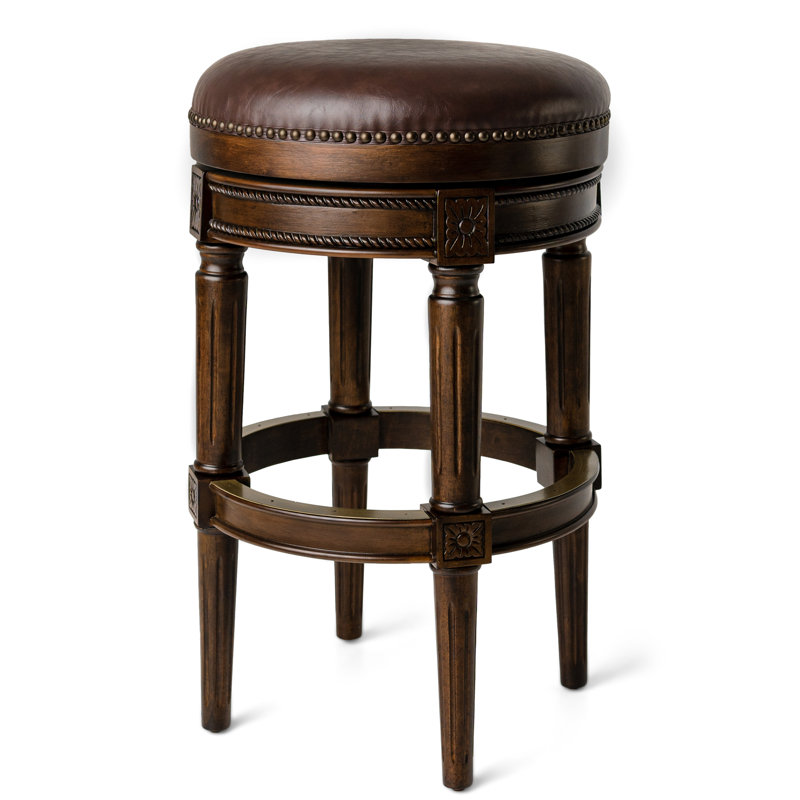 Maven Lane Pullman Backless Swivel Kitchen Stool with Upholstery Seat, Dark Walnut/Faux Leather, Bar Stool (31" Seat Height)