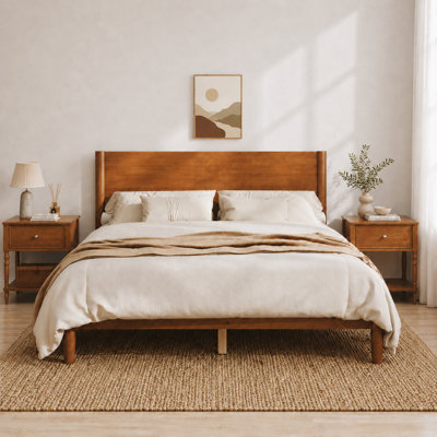 Lit plateforme en bois de pin massif de style Mid-Century moderne, brun