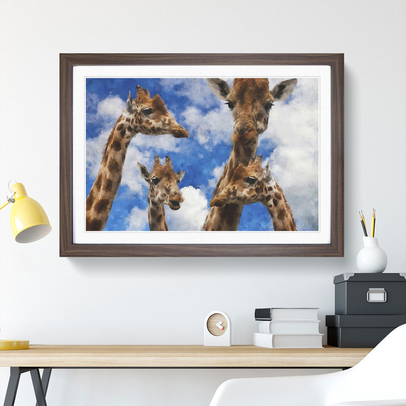 Four Giraffes - Picture Frame Painting, 36cm H x 48cm W x 2cm D, Walnut Framed