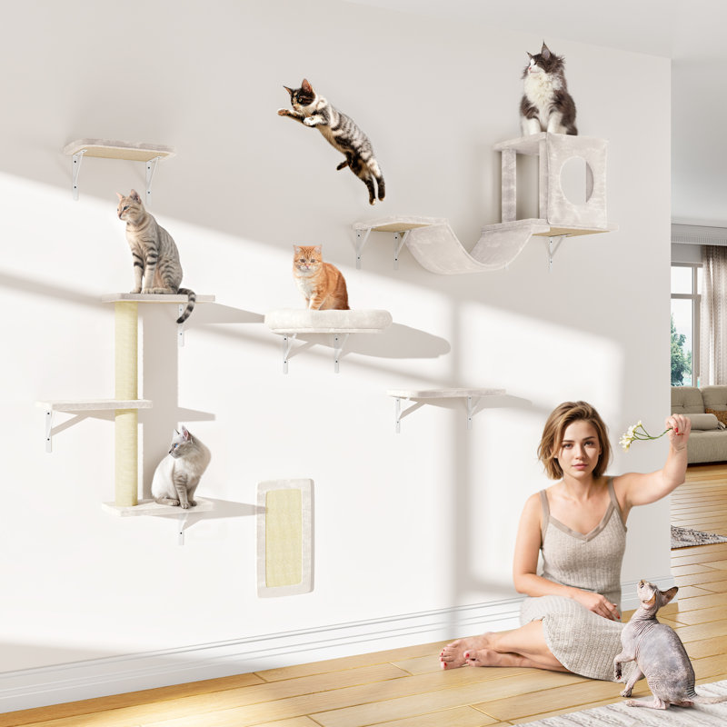 Wall Mounted Cat Climber Set with Floating Perch, Bridge, Kitten House, DIY Playground, Beige