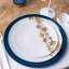 Assiettes en plastique blanches rondes 6 pouces Ecoqualité avec motif de vignes bleues et dorées pour 100 invités