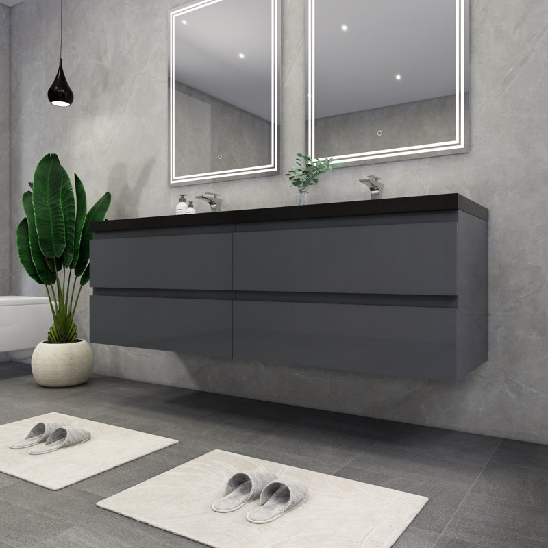 Kirker 72" Wall-Mounted Double Bathroom Vanity Set, Glossy Gray