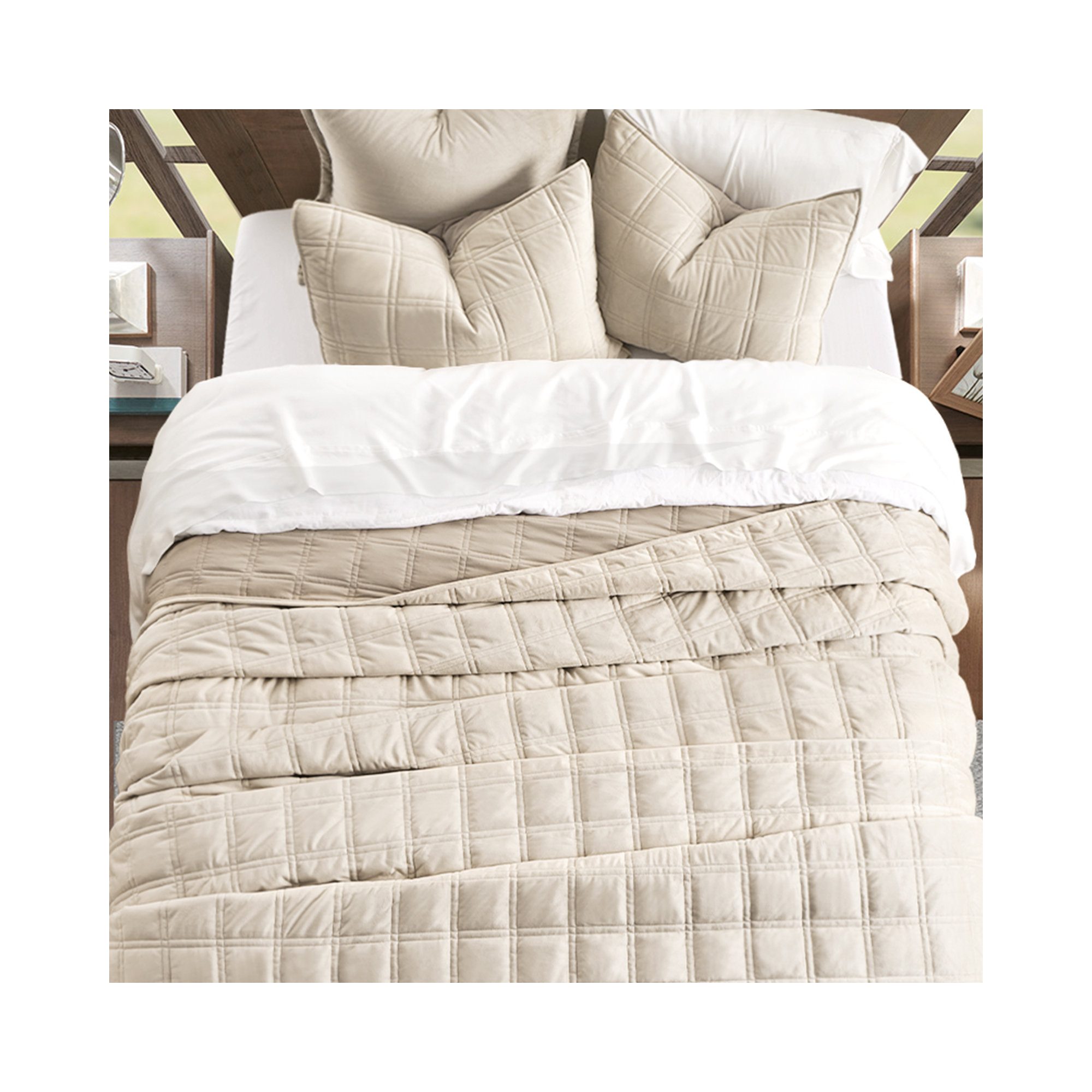 Double Box Stitch Velvet Quilt set, Beige, King Quilt + 2 King Shams