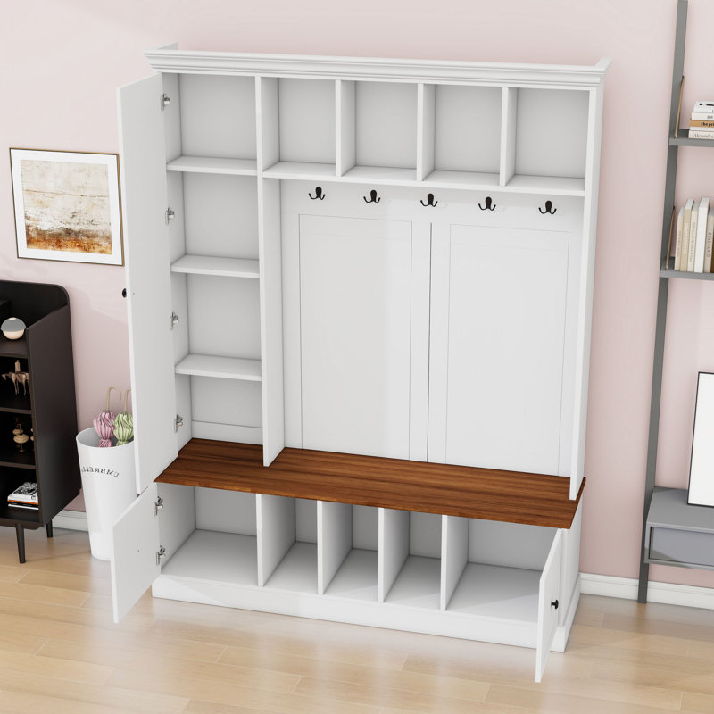 Arbre d'entrée avec banc de rangement, 5 crochets, armoire et tablettes, White