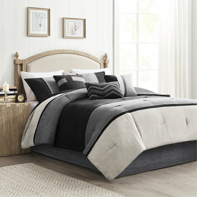 Couette King en faux suède noir 7 pièces, lavable à la machine, avec coussins décoratifs brodés