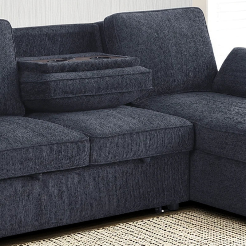 Le canapé-lit réversible en chenille gris anthracite de 91 pouces comprend un fauteuil inclinable, une table rabattable, des porte-gobelets et un port de chargement.