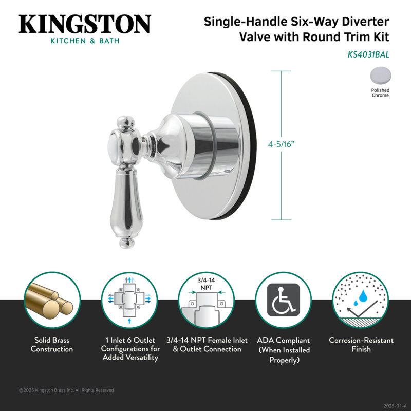 Valve de dérivation à six poignées à poignée unique Kingston Brass Heirloom, Chrome poli