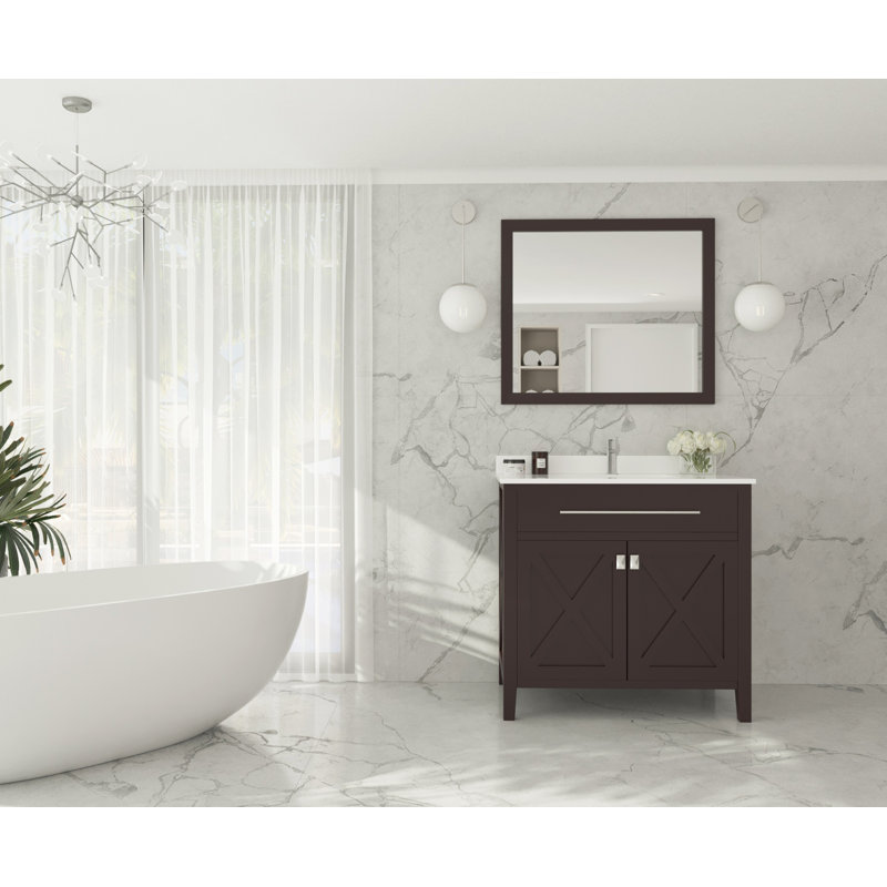 Pyles 36'' Single Bathroom Vanity with Solid Surface Top, Brown, White Quartz