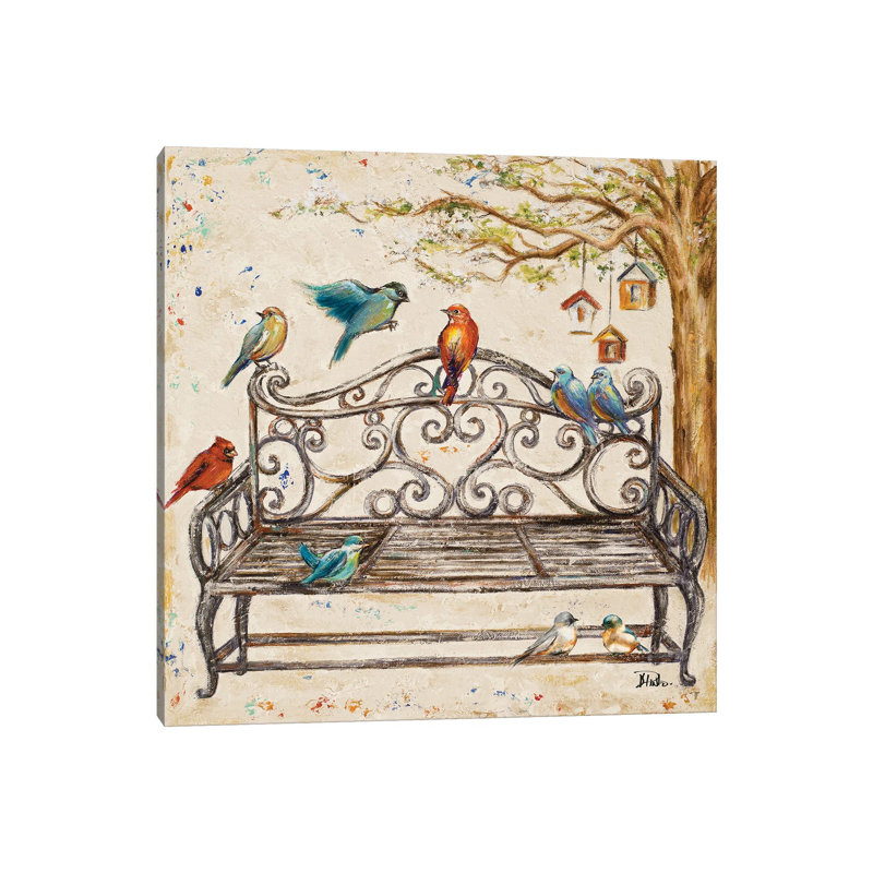 «Birds on the Bench» par Patricia Pinto - reproduction, Pas de tapis, H 26 po x l 26 po x P 1,5 po, Toile tendue