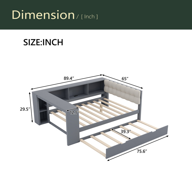 Lit plateforme en bois avec tablettes de rangement, lit gigogne, station de charge et tête de lit tapissier, Lit double, Gris