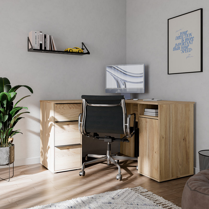 Contemporary corner desk with 3 drawers and 1 door, open compartment, office, engineered wood, warm oak decor/white, 124.6 cm W x 75.5 cm H x 124.6 cm D