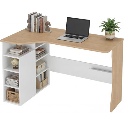 Bureau en coin en L avec tablettes de rangement, petit bureau réversible avec tablettes à 3 niveaux, bureau d'écriture compact pour bureau à domicile pour petits espaces