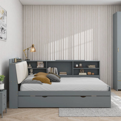 Lit plateforme blanc avec rangement gigogne, tête de lit et espace sous le lit Baxter