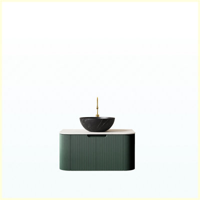 Meuble-lavabo flottant 30 po avec lavabo, armoire de rangement en contreplaqué rayé à bords arrondis avec tiroir, vasque en céramique noir mat et plateau en pierre frittée, pré-assemblé, vert foncé