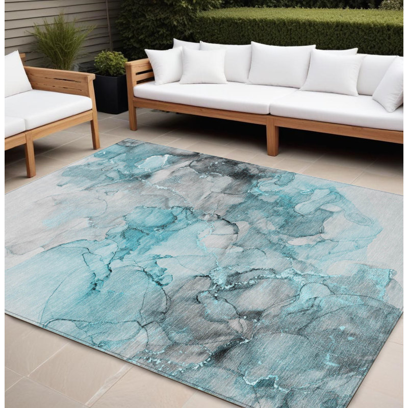 Tapis extérieur lavable abstrait sarcelle et gris 9 pi x 12 pi