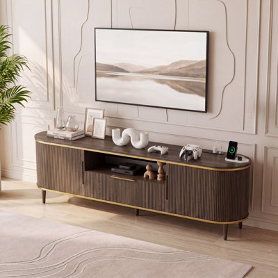 70" Fluted TV Stand, Faux Marble Top Entertainment Center with Power Outlet & Adjustable Shelves, Curved Edge TV Console for TVs up to 80 Inch,TV Stands for Living Room & Bedroom -Brown Color