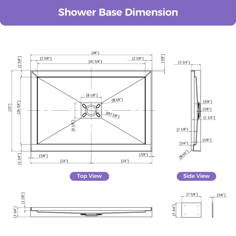 48" x 32" Rectangular Acrylic Shower Base with Center Drain, Single Threshold Design, White (Drain Not Included), Center