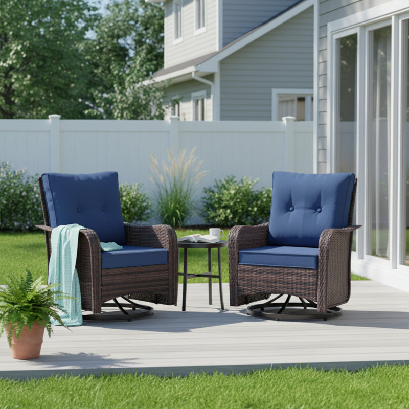 Rocking Swivel All-Weather Rattan Patio Chair With Cushions, Navy