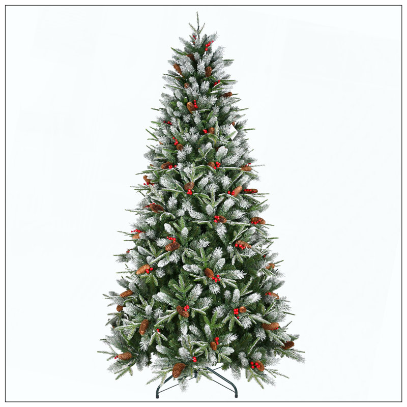 Arbre de Noël avec 2850 pointes, baies rouges et pommes de pin - branches en PE + PVC enneigées, conception à charnières pour une installation facile, support en métal robuste - Décoration d'arbre de Noël naturelle