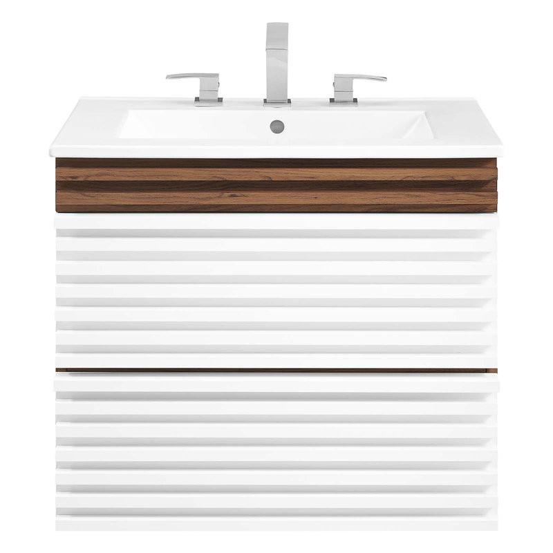 Render 24.5" White and Walnut Wall-Mount Bathroom Vanity