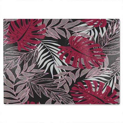 Tropical Leaves In Red White & Grey Glass Chopping Board