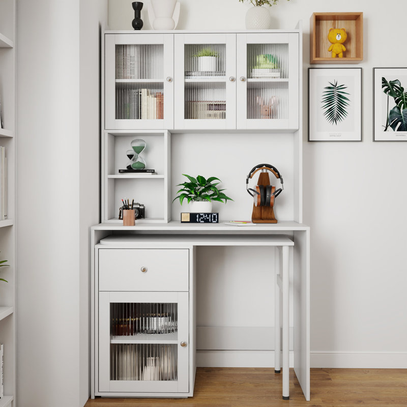 Bureau d'ordinateur avec porte vitrée, huche et bibliothèque, bureau rotatif à 90 °, grand bureau à domicile ou bureau d'étude, blanc