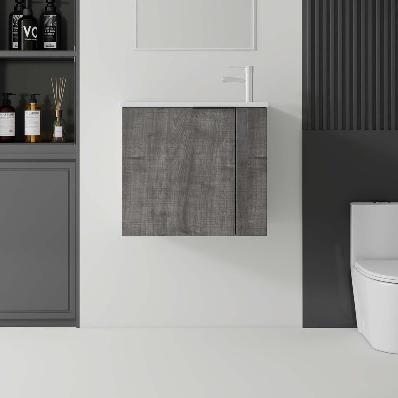 Meuble-lavabo flottant peu encombrant avec lavabo en céramique et portes à fermeture en douceur, Gris
