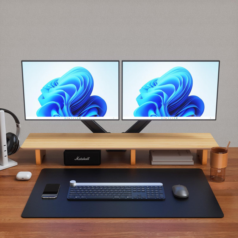 Large Dual Monitor Stand Riser, Solid Wood Desk Shelf With Eco Cork Legs For Laptop Computer/TV/PC/Printers, Perfect Desktop Stands Organizer With Underneath Storage For Office Accessories