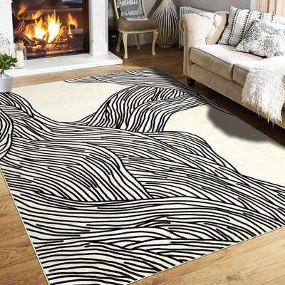  Tapis de couloir moelleux - 350 g / m² en fausse laine d'agneau, lavable à la machine, antidérapant, motif de nage moderne pour le vestibule, cuisine (noir et blanc)