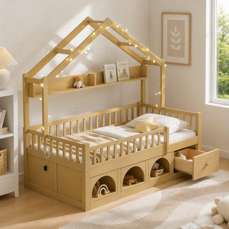Cadre de lit simple pour enfants, style plancher de lit Montessori avec toit, avec lumière DEL, Lit simple, Naturel