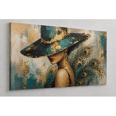 Grande femme abstraite, art mural sur toile 24 x 36 pouces, dame élégante avec plumes de paon, sarcelle et couleur dorée, œuvre d'art moderne pour le salon, la chambre à coucher, la décoration glamour